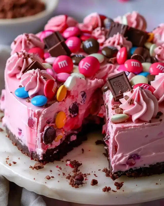 Pink M&M Snickers Cheesecake